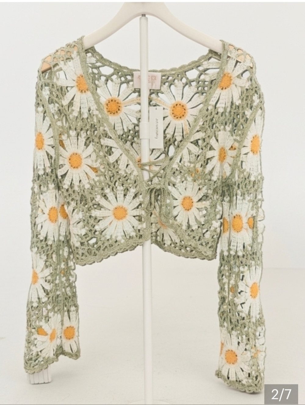 NWT Francesca's Crochet Daisy Crop Top in Light Green, White & Yellow Size M